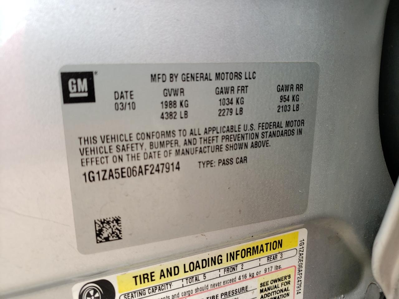 Photo 10 from auction – 2010 CHEVROLET MALIBU LS with VIN 1G1ZA5E06AF247914