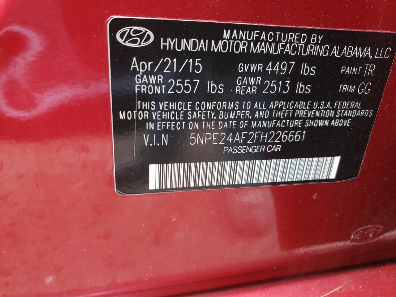 Photo 10 from auction – 2015 HYUNDAI SONATA SE with VIN 5NPE24AF2FH226661