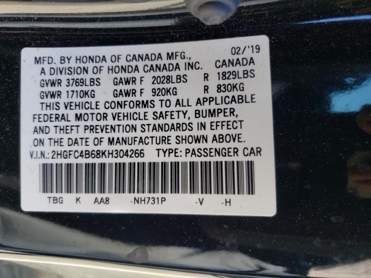 Photo 10 from auction – 2019 HONDA CIVIC LX with VIN 2HGFC4B68KH304266