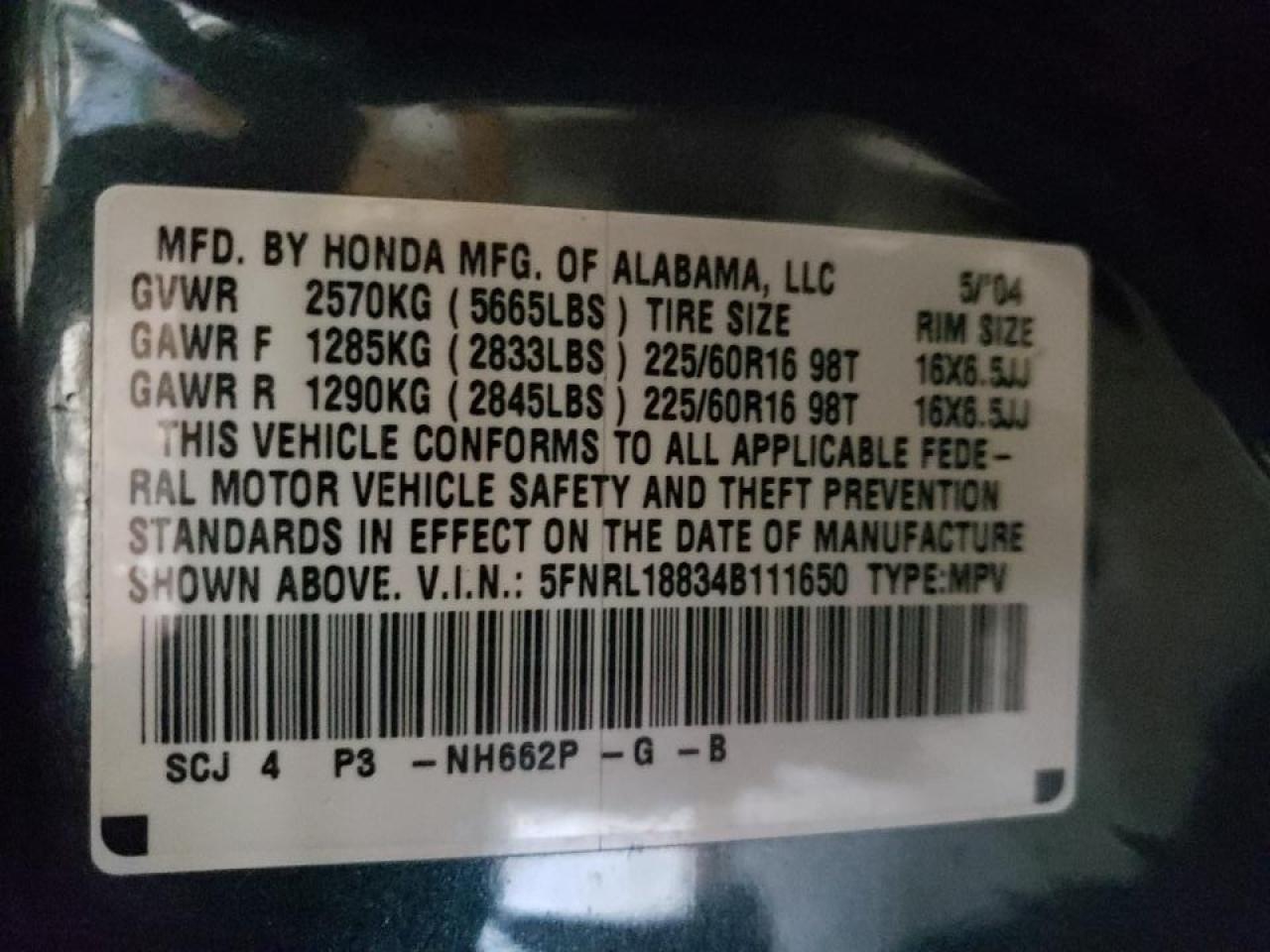 Photo 10 from auction – 2004 HONDA ODYSSEY EX with VIN 5FNRL18834B111650