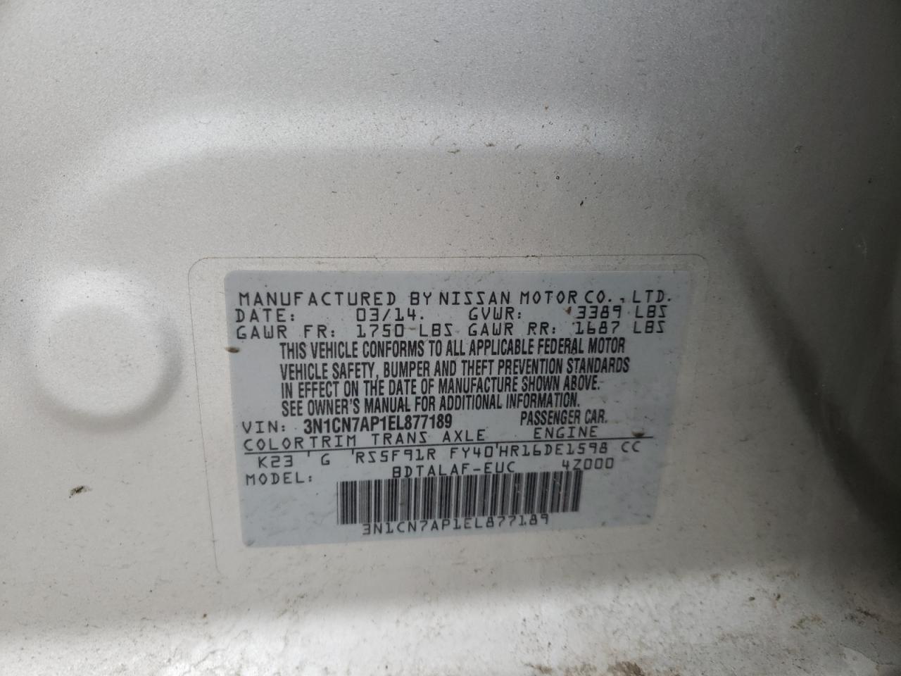 Photo 10 from auction – 2014 NISSAN VERSA with VIN 3N1CN7AP1EL877189