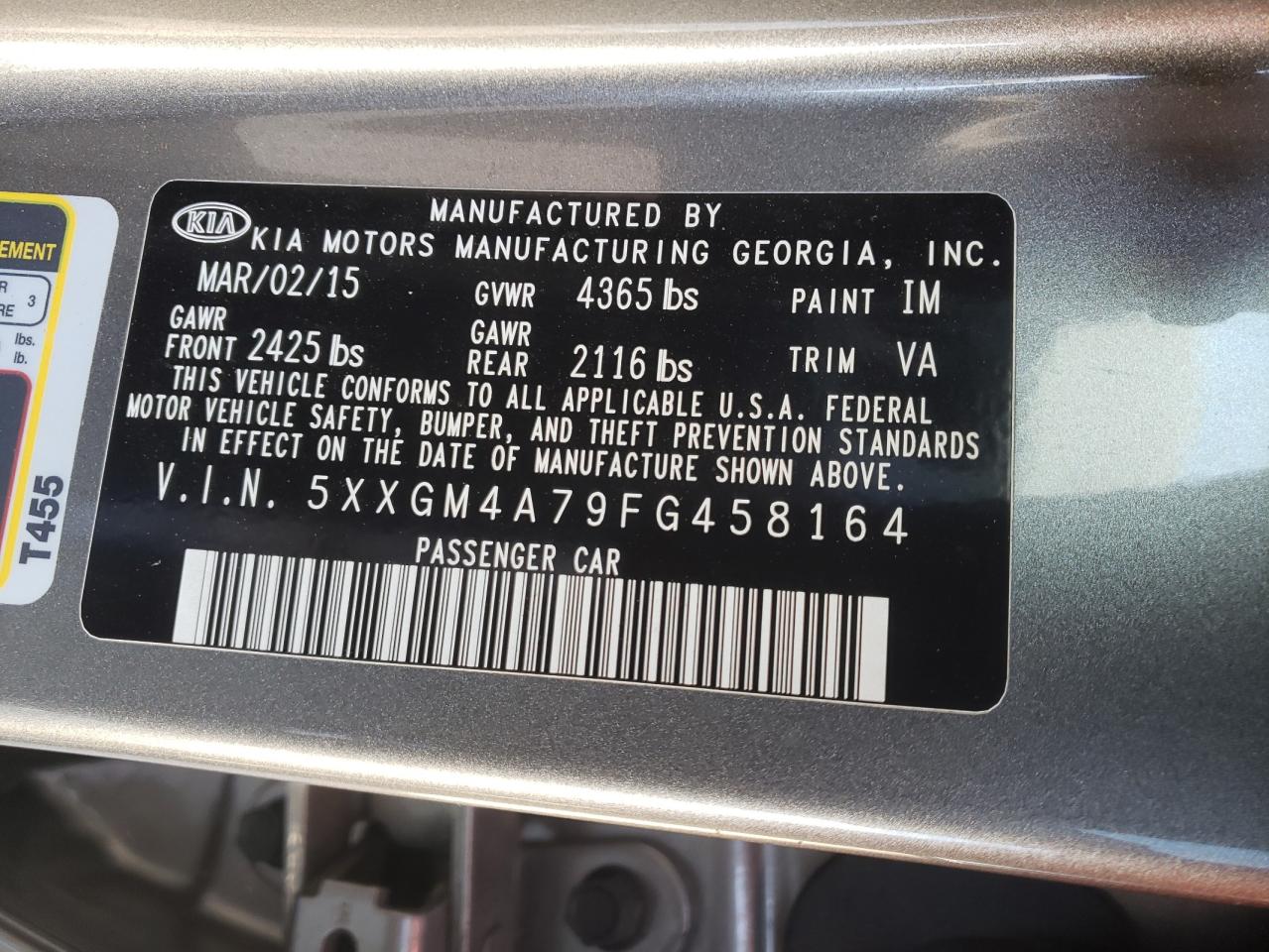Photo 10 from auction – 2015 KIA OPTIMA LX with VIN 5XXGM4A79FG458164