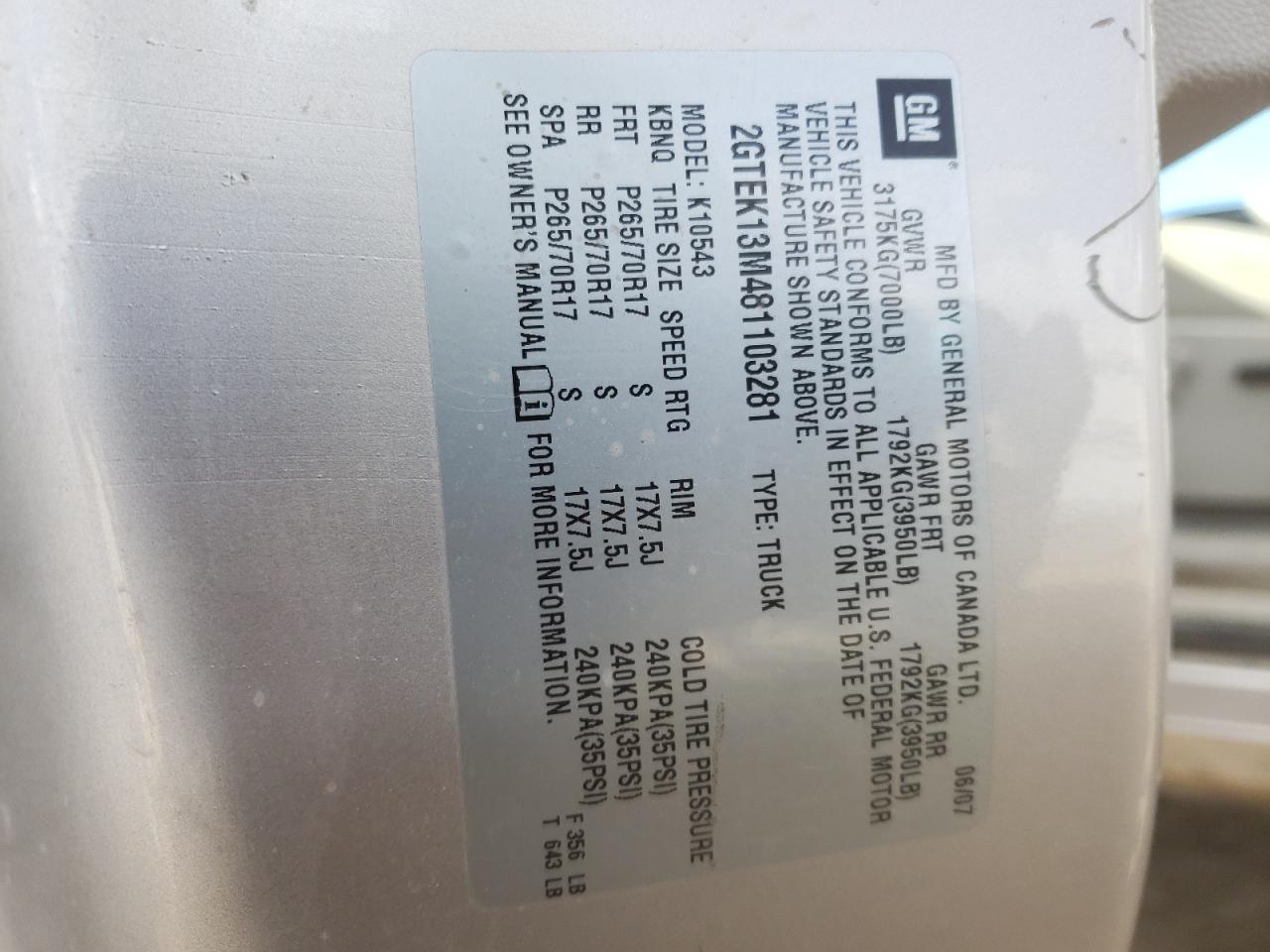 Photo 10 from auction – 2008 GMC SIERRA K15 with VIN 2GTEK13M481103281
