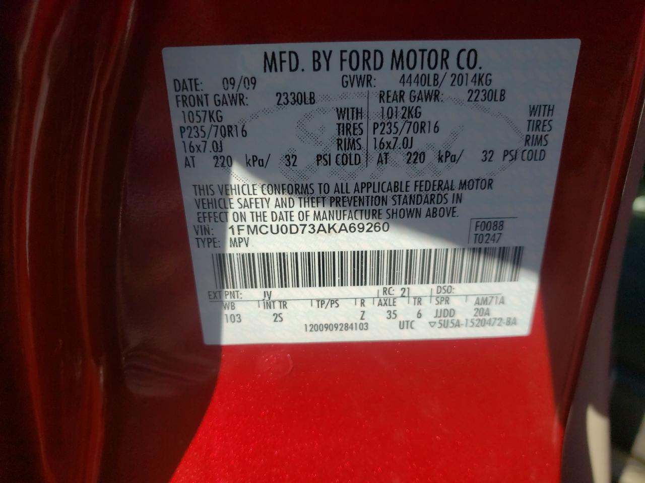 Photo 10 from auction – 2010 FORD ESCAPE with VIN 1FMCU0D73AKA69260