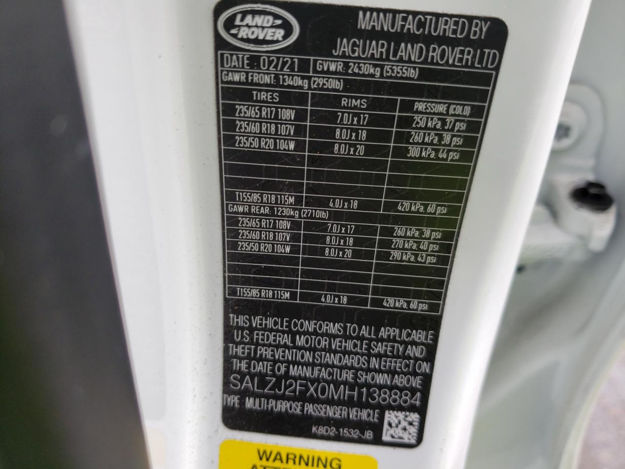 Photo 10 from auction – 2021 LAND ROVER RANGE ROVE with VIN SALZJ2FX0MH138884