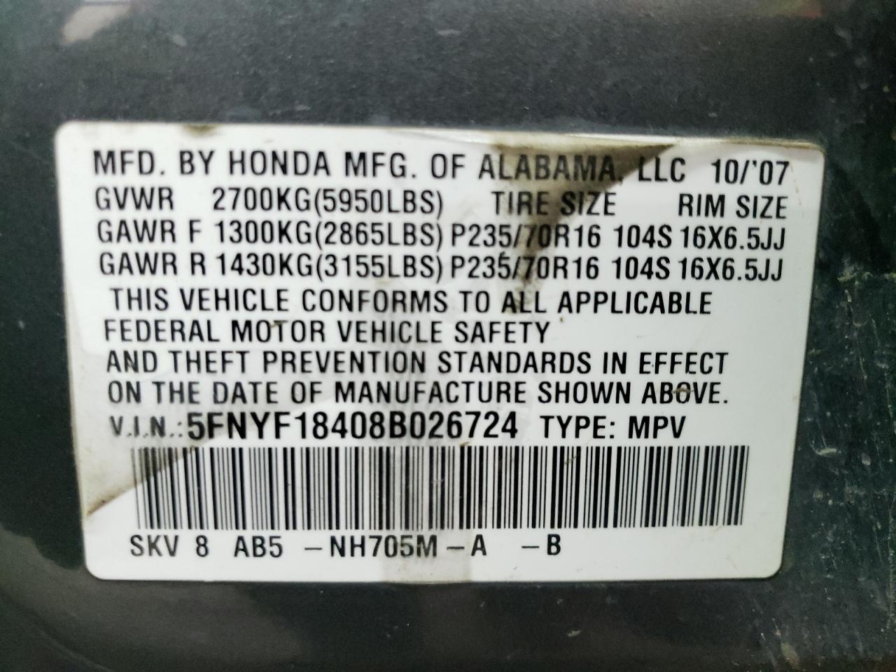 Photo 10 from auction – 2008 HONDA PILOT EX with VIN 5FNYF18408B026724