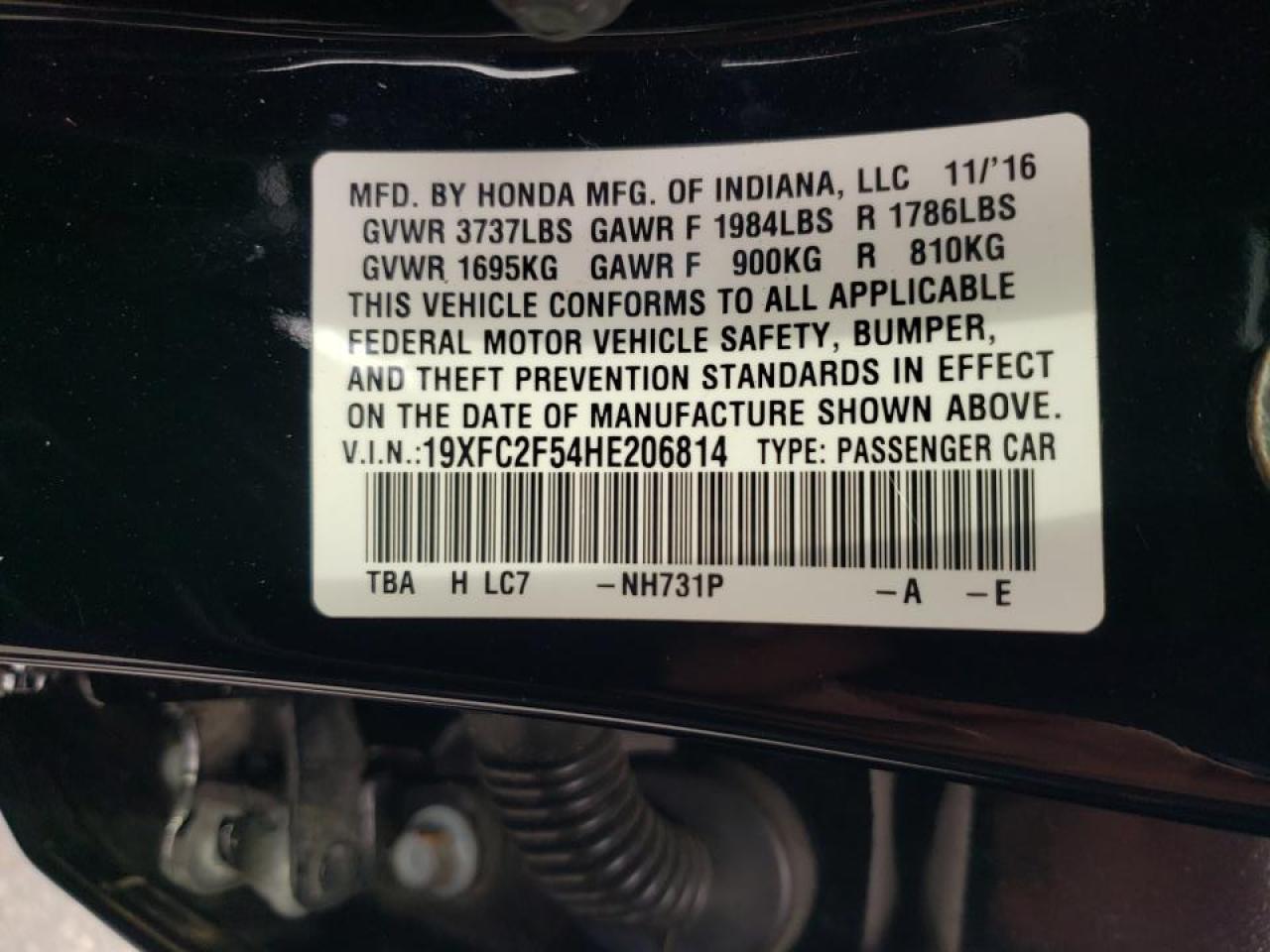 Photo 10 from auction – 2017 HONDA CIVIC LX with VIN 19XFC2F54HE206814