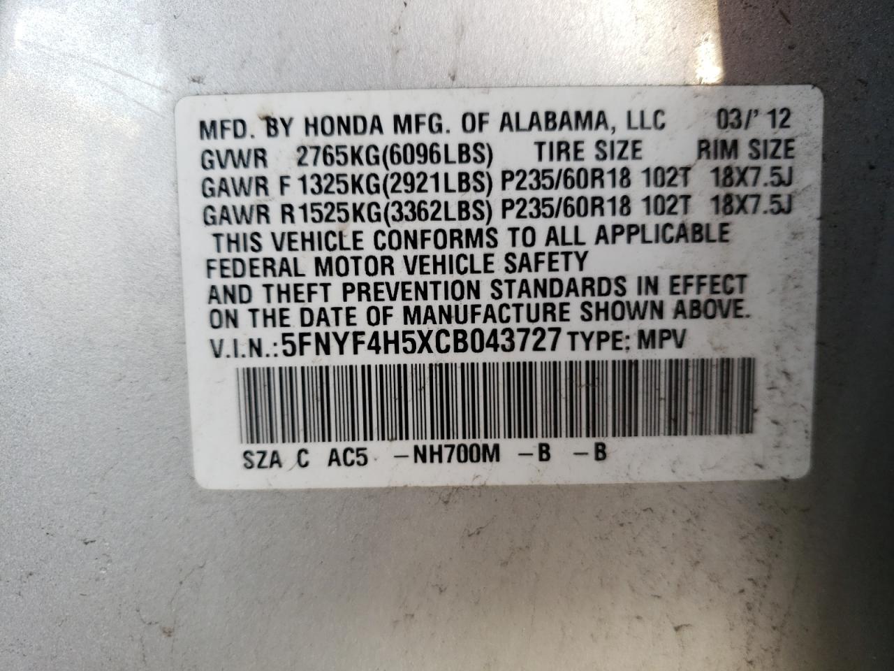 Photo 10 from auction – 2012 HONDA PILOT EXL with VIN 5FNYF4H5XCB043727