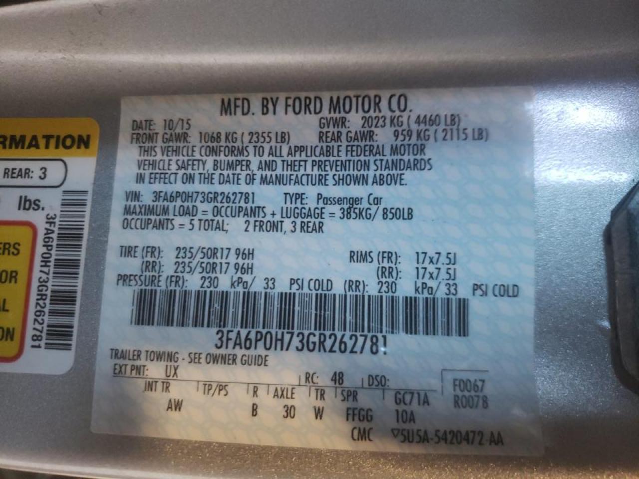 Photo 10 from auction – 2016 FORD FUSION SE with VIN 3FA6P0H73GR262781