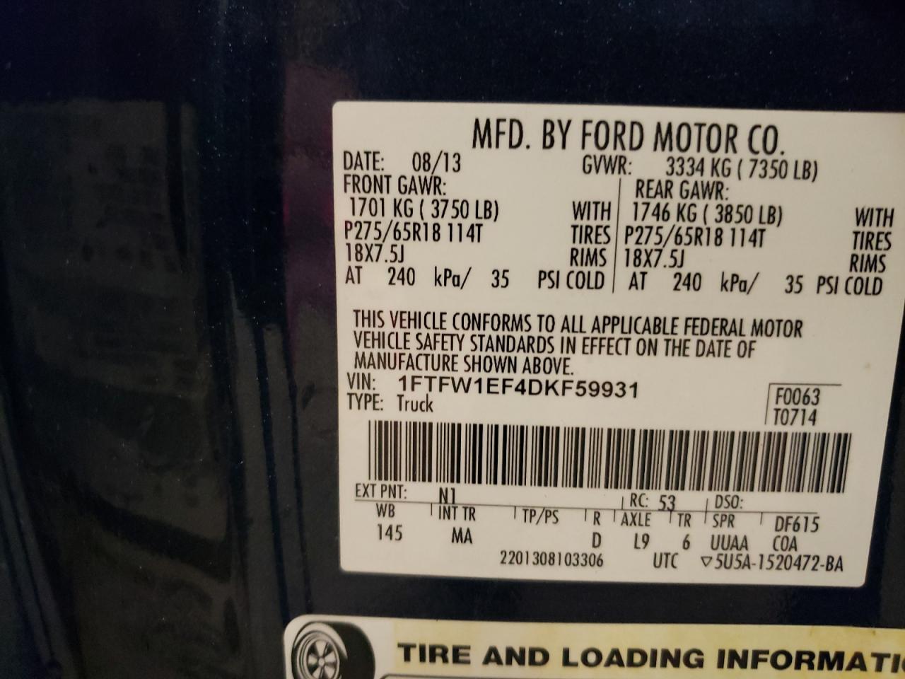 Photo 10 from auction – 2013 FORD F150 SUPER with VIN 1FTFW1EF4DKF59931