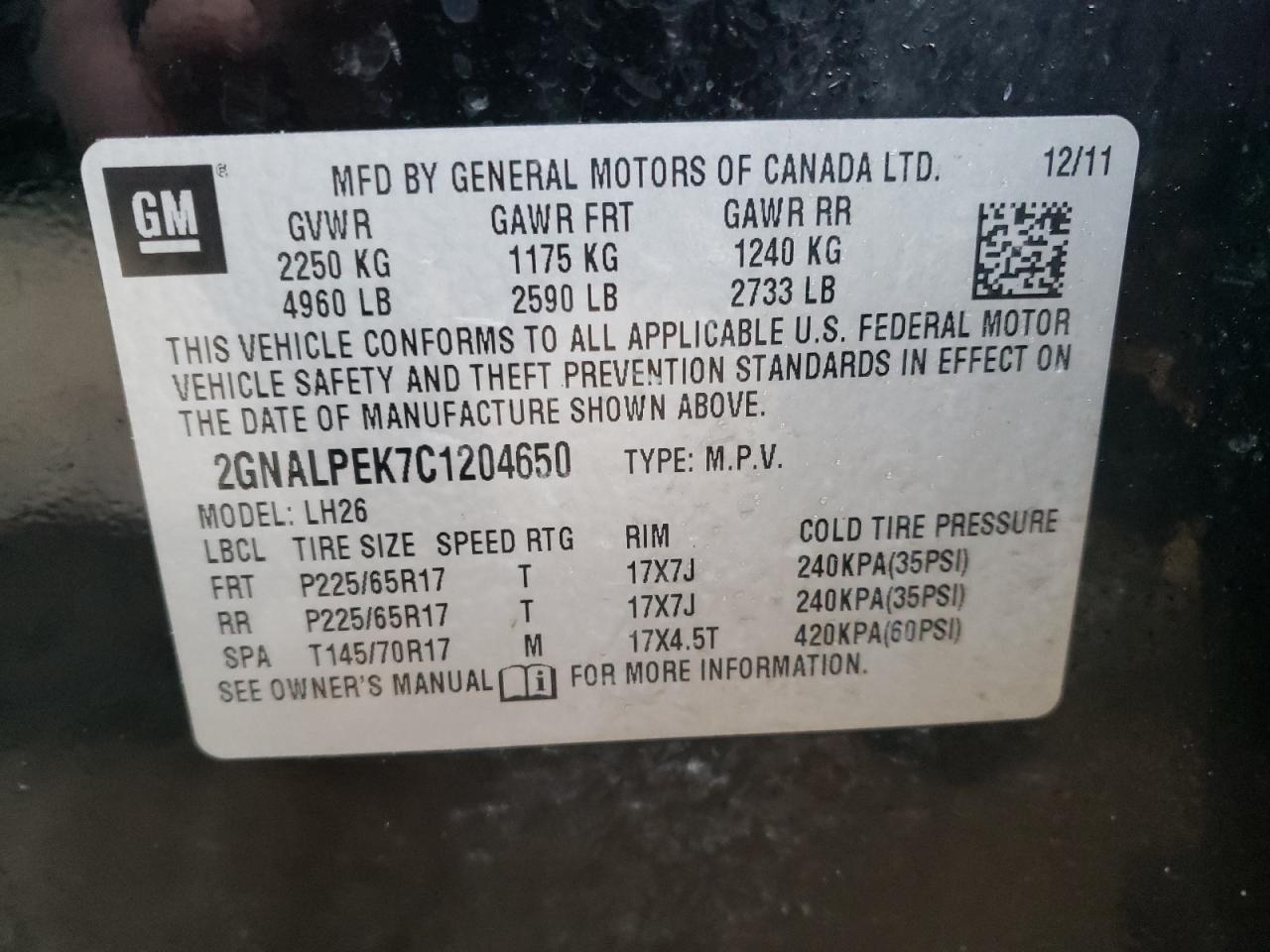Photo 10 from auction – 2012 CHEVROLET EQUINOX LT with VIN 2GNALPEK7C1204650