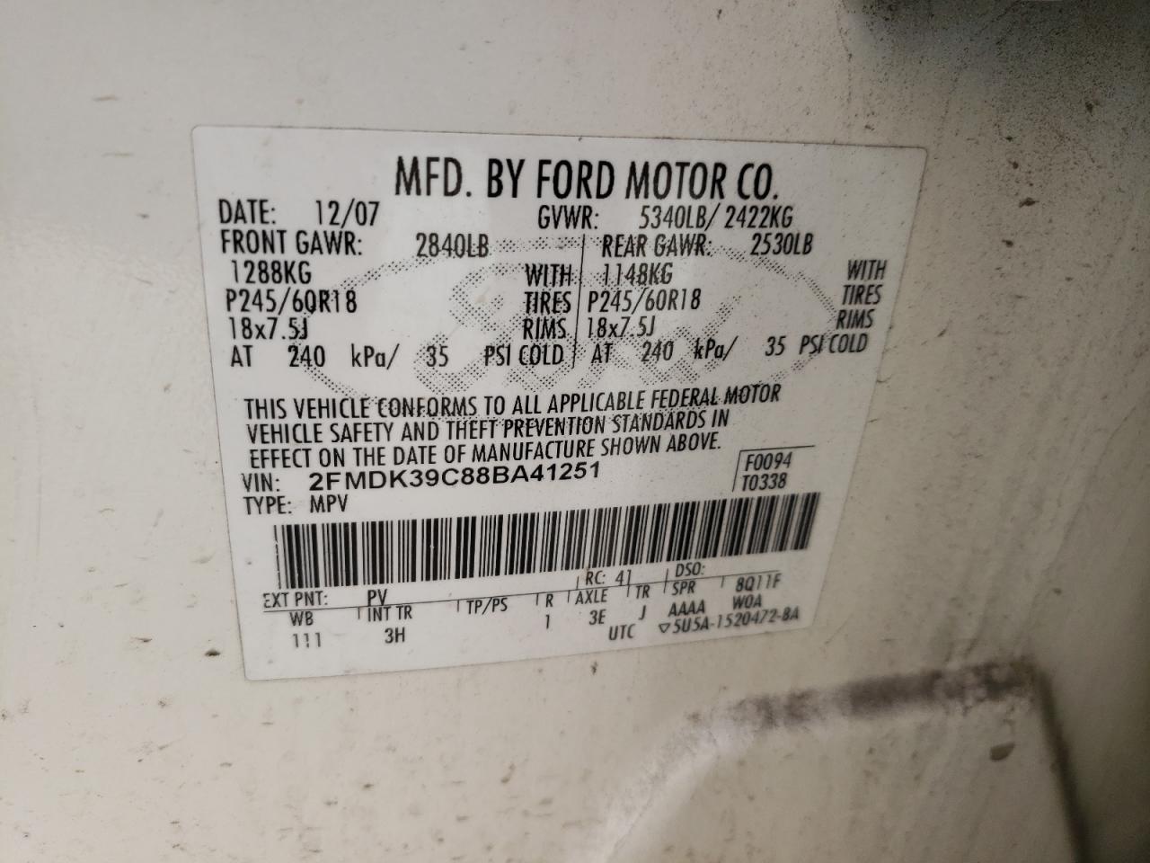 Photo 10 from auction – 2008 FORD EDGE LIMIT with VIN 2FMDK39C88BA41251