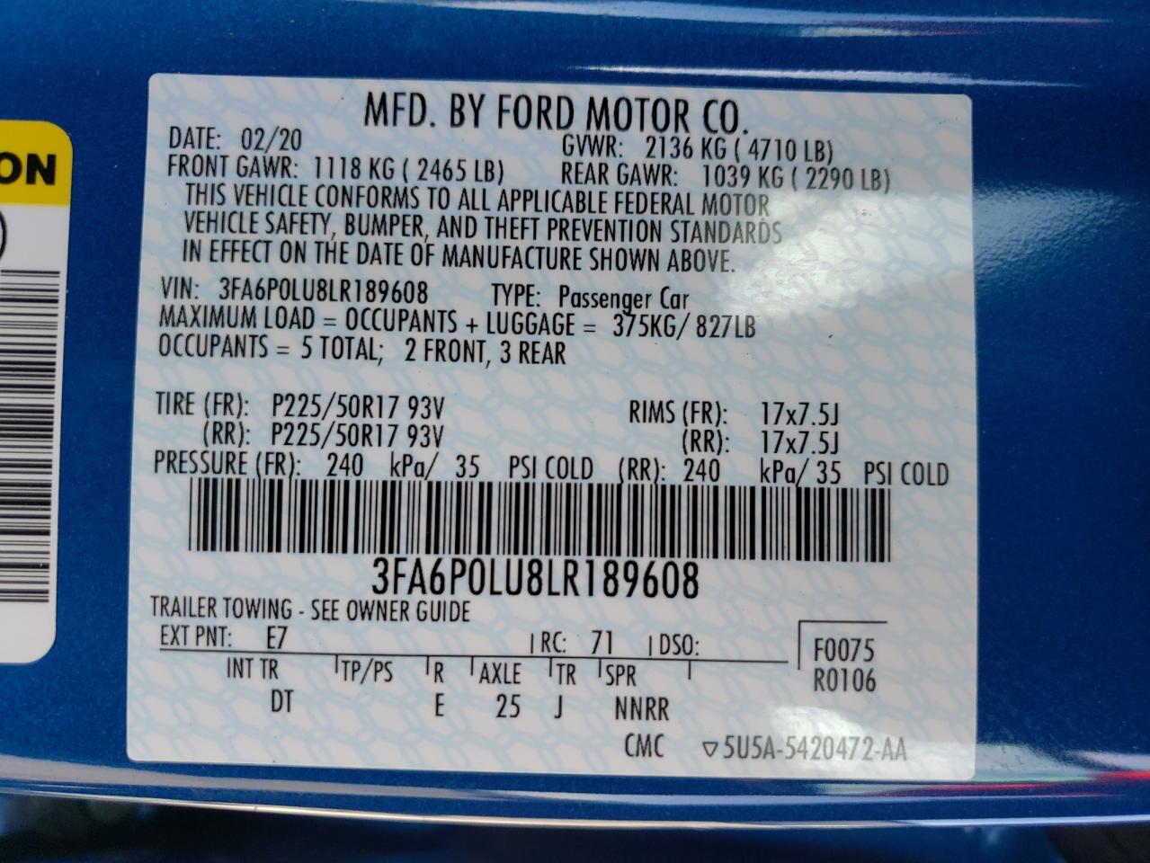 Photo 10 from auction – 2020 FORD FUSION SE with VIN 3FA6P0LU8LR189608