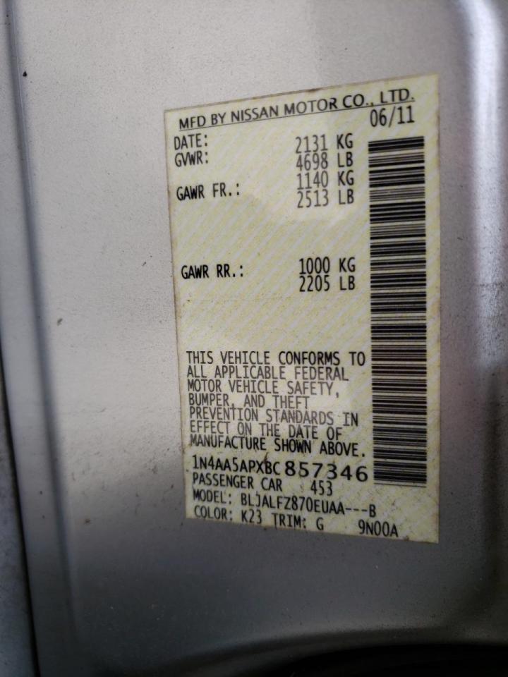 Photo 10 from auction – 2011 NISSAN MAXIMA S with VIN 1N4AA5APXBC857346