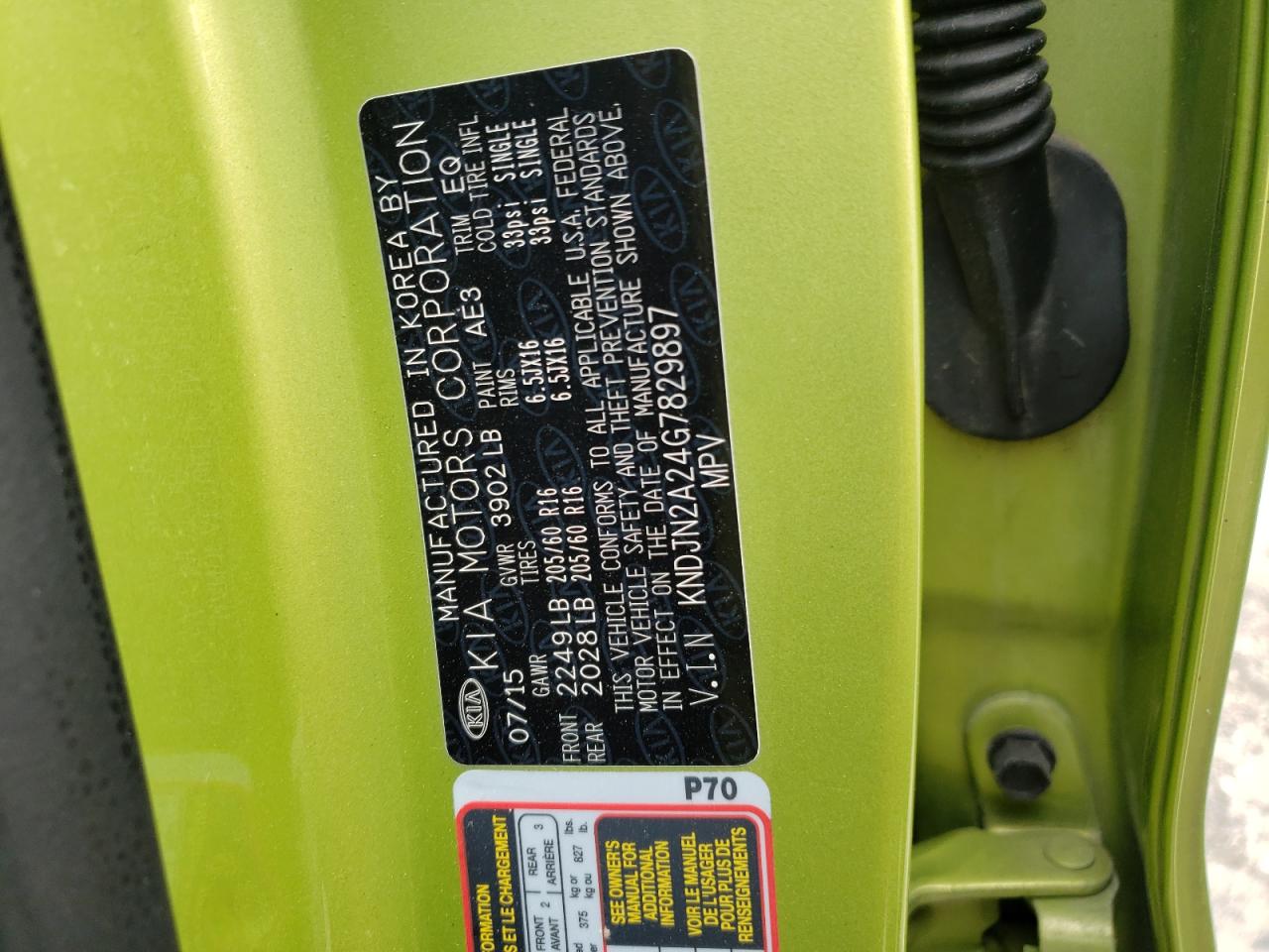 Photo 10 from auction – 2016 KIA SOUL with VIN KNDJN2A24G7829897