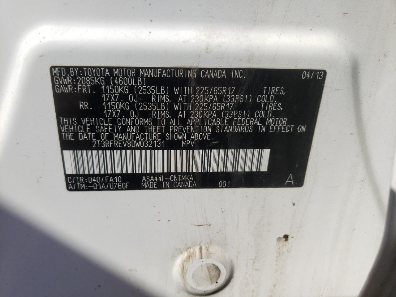 Photo 10 from auction – 2013 TOYOTA RAV4 XLE with VIN 2T3RFREV8DW032131