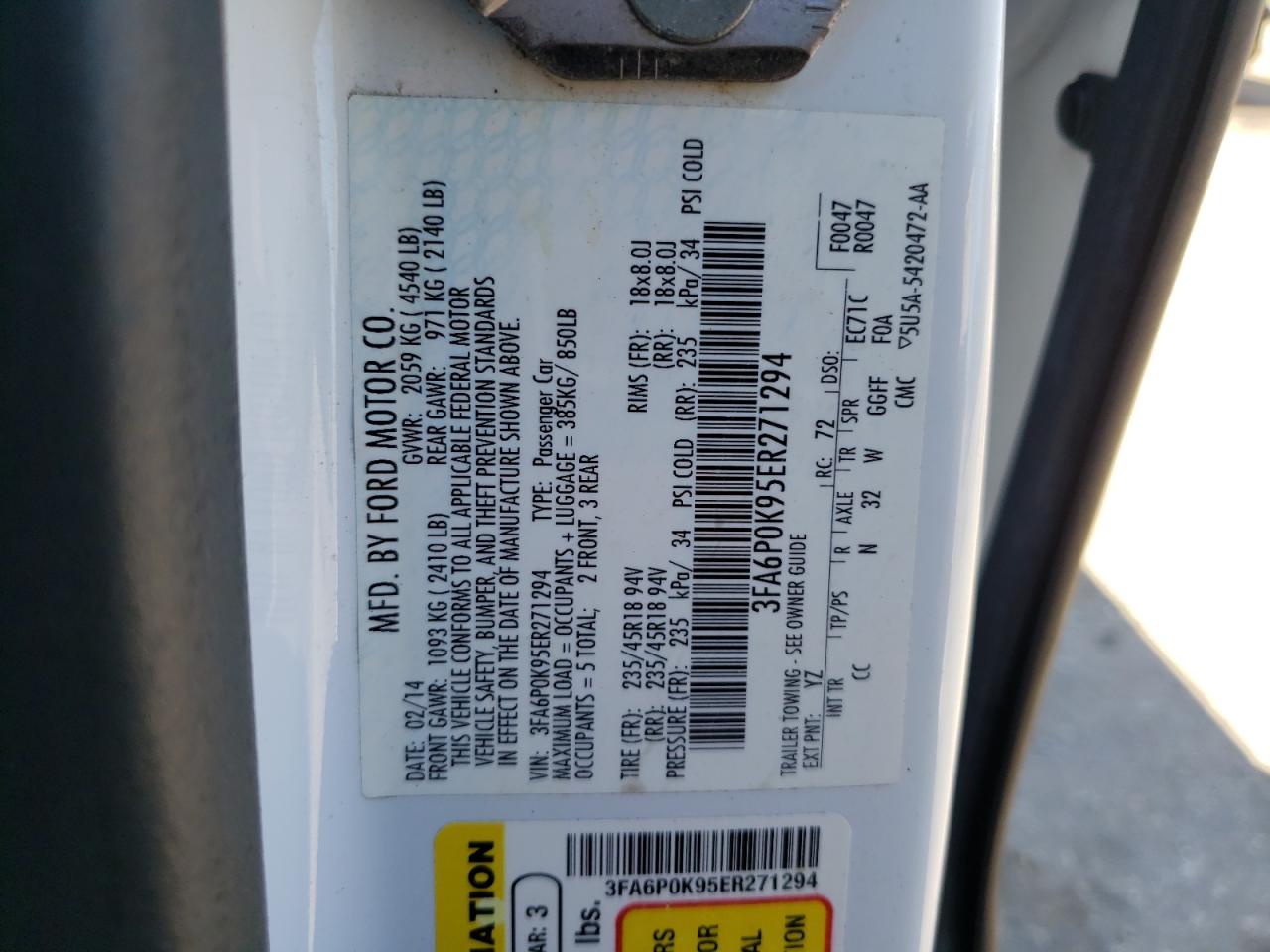 Photo 10 from auction – 2014 FORD FUSION TIT with VIN 3FA6P0K95ER271294