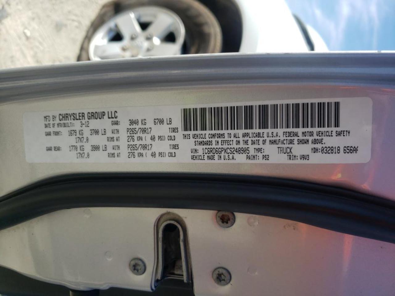 Photo 10 from auction – 2012 DODGE RAM 1500 S with VIN 1C6RD6GPXCS248905