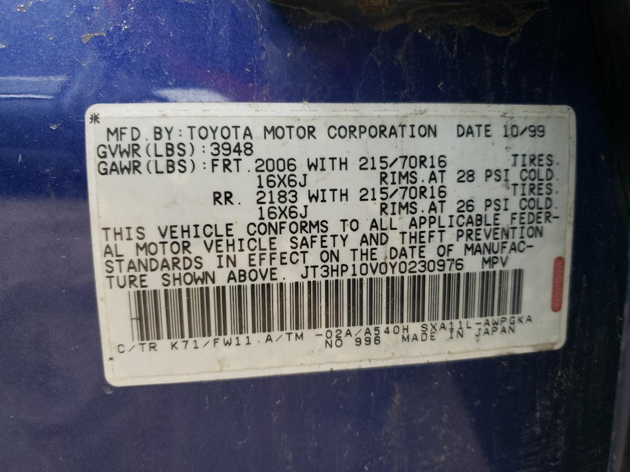 Photo 10 from auction – 2000 TOYOTA RAV4 with VIN JT3HP10V0Y0230976