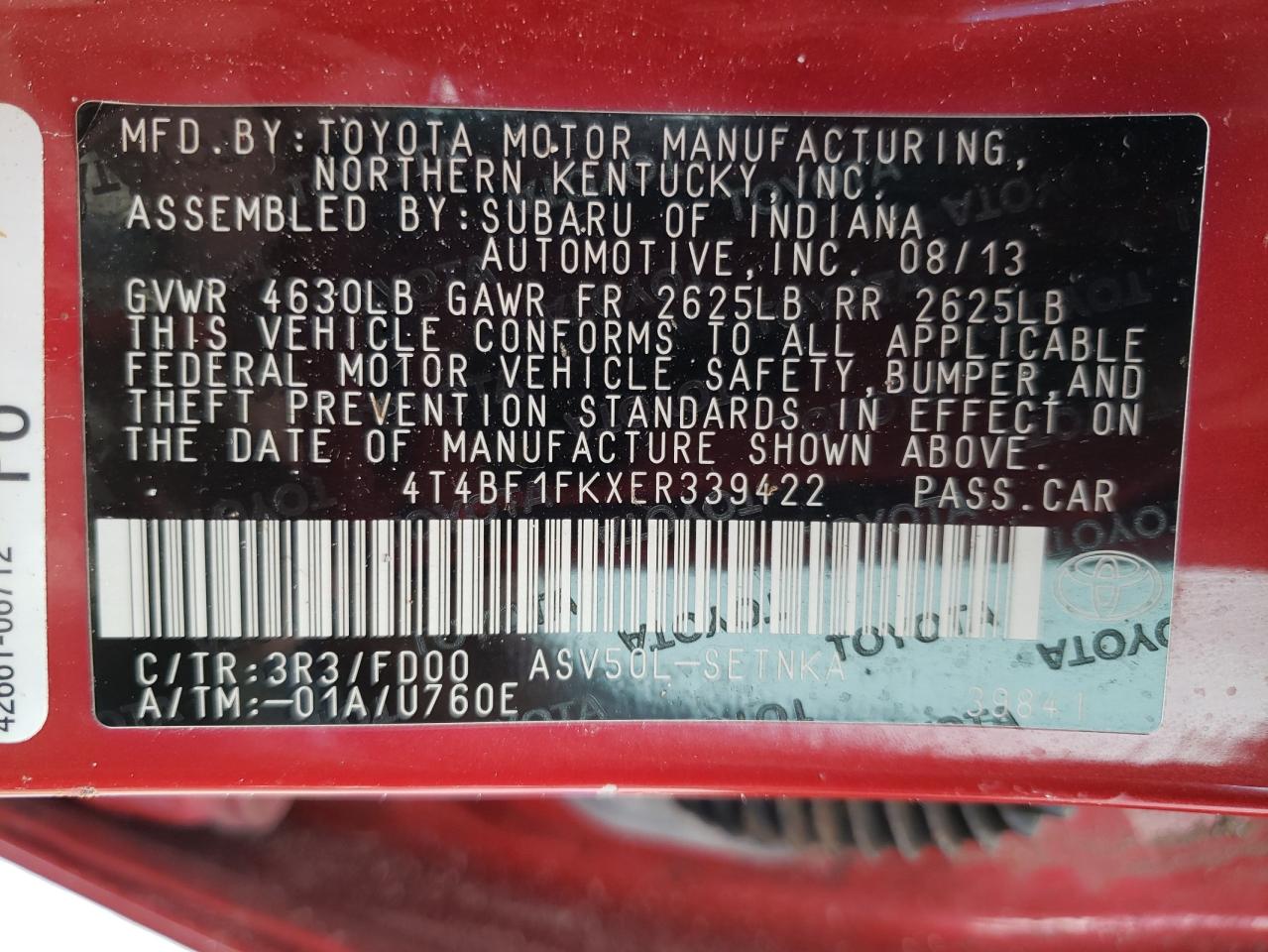 Photo 10 from auction – 2014 TOYOTA CAMRY L with VIN 4T4BF1FKXER339422