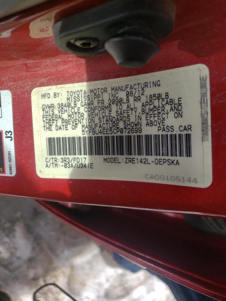 Photo 10 from auction – 2012 TOYOTA COROLLA with VIN 5YFBU4EE5CP072699