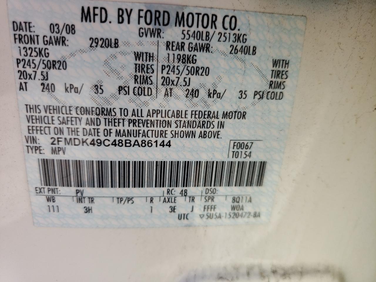 Photo 10 from auction – 2008 FORD EDGE LIMIT with VIN 2FMDK49C48BA86144