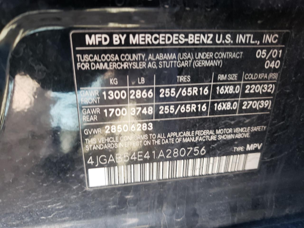 Photo 10 from auction – 2001 MERCEDES-BENZ M CLASS with VIN 4JGAB54E41A280756