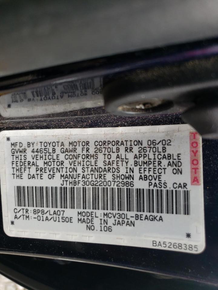 Photo 10 from auction – 2002 LEXUS ES 300 with VIN JTHBF30G220072986
