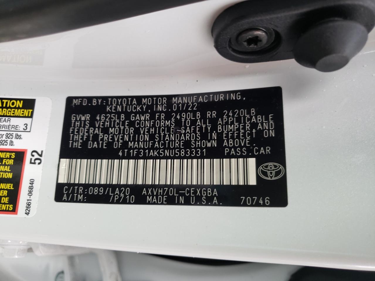 Photo 10 from auction – 2022 TOYOTA CAMRY XLE with VIN 4T1F31AK5NU583331