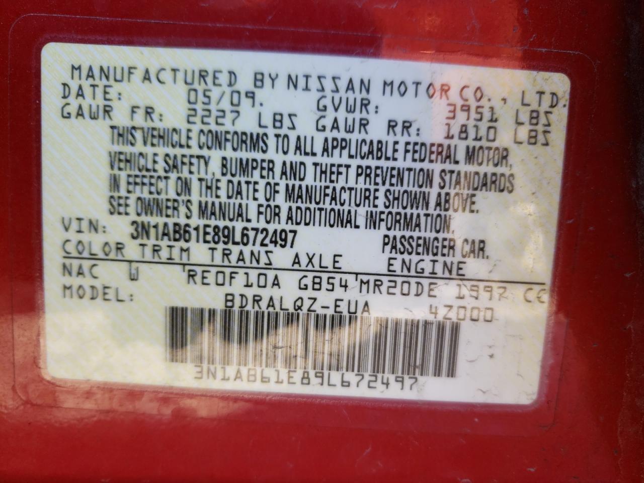 Photo 10 from auction – 2009 NISSAN SENTRA 2.0 with VIN 3N1AB61E89L672497