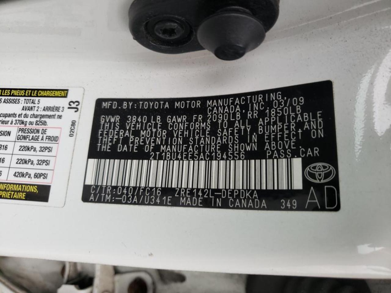 Photo 10 from auction – 2010 TOYOTA COROLLA BA with VIN 2T1BU4EE5AC194556