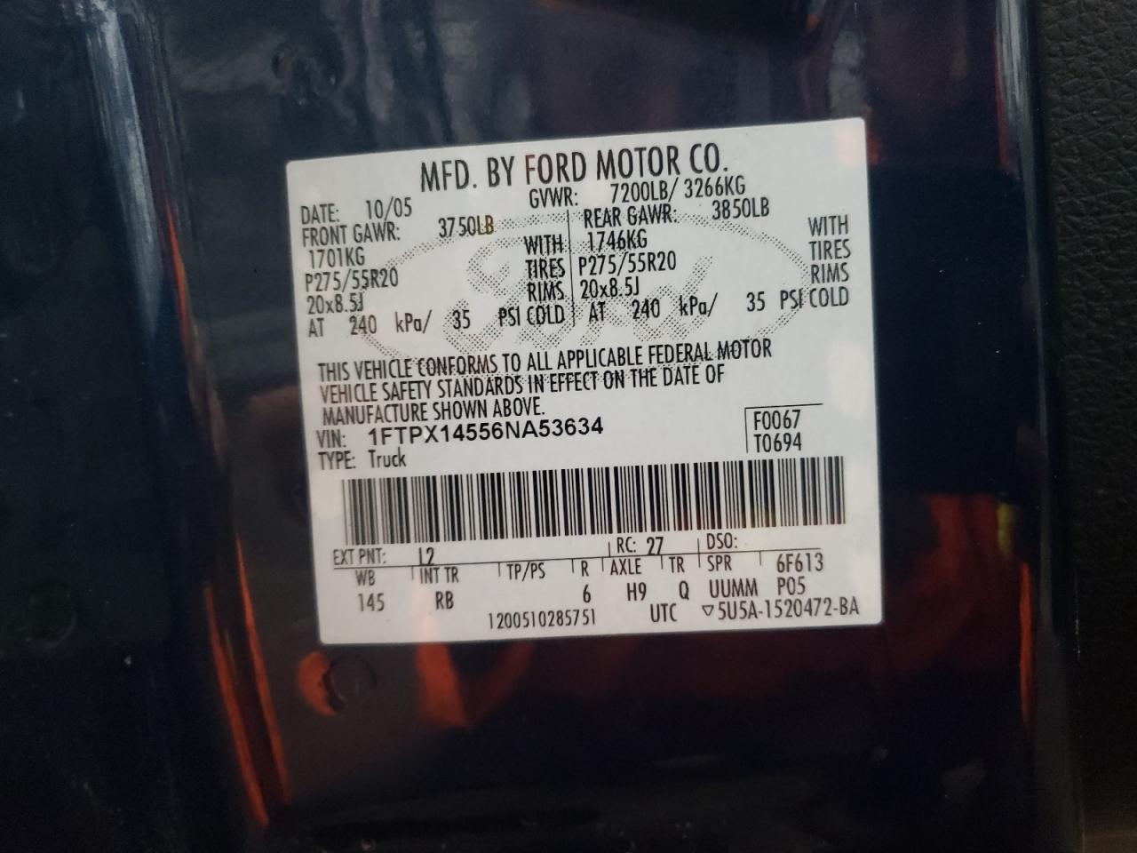 Photo 10 from auction – 2006 FORD F150 with VIN 1FTPX14556NA53634