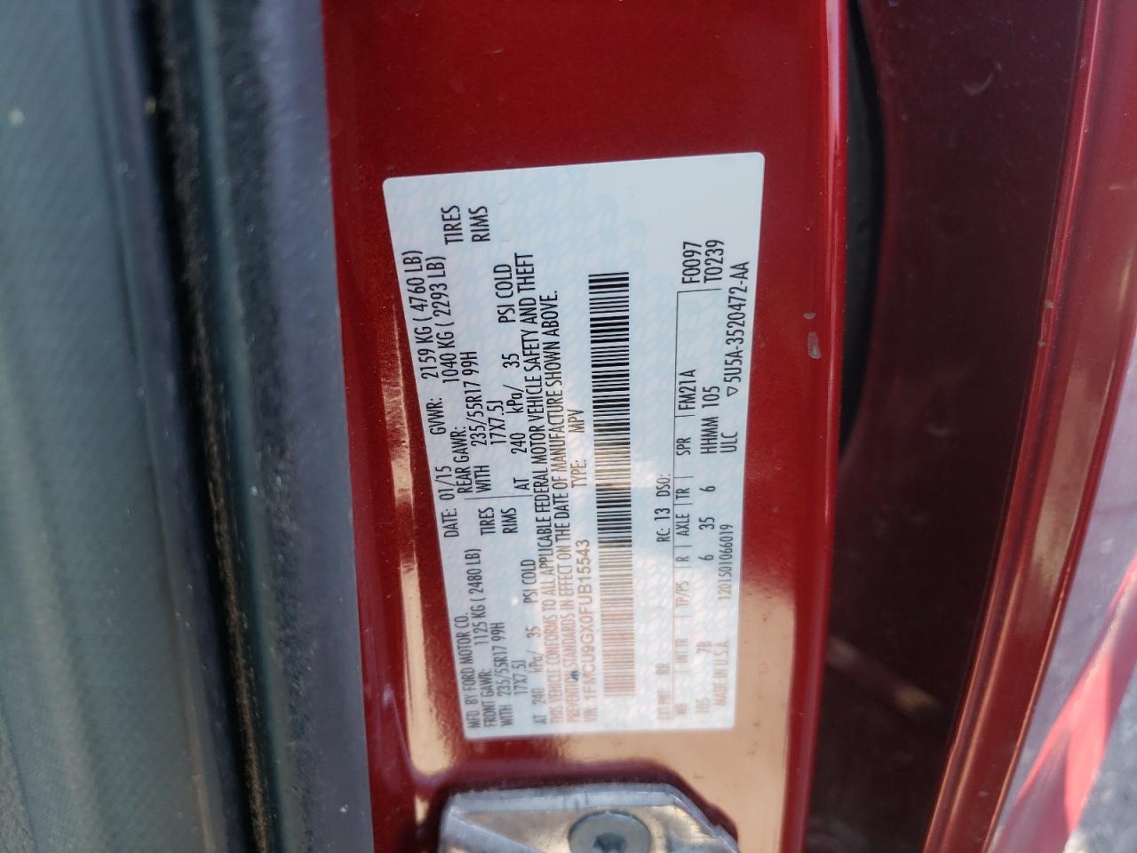 Photo 10 from auction – 2015 FORD ESCAPE SE with VIN 1FMCU9GX0FUB15543