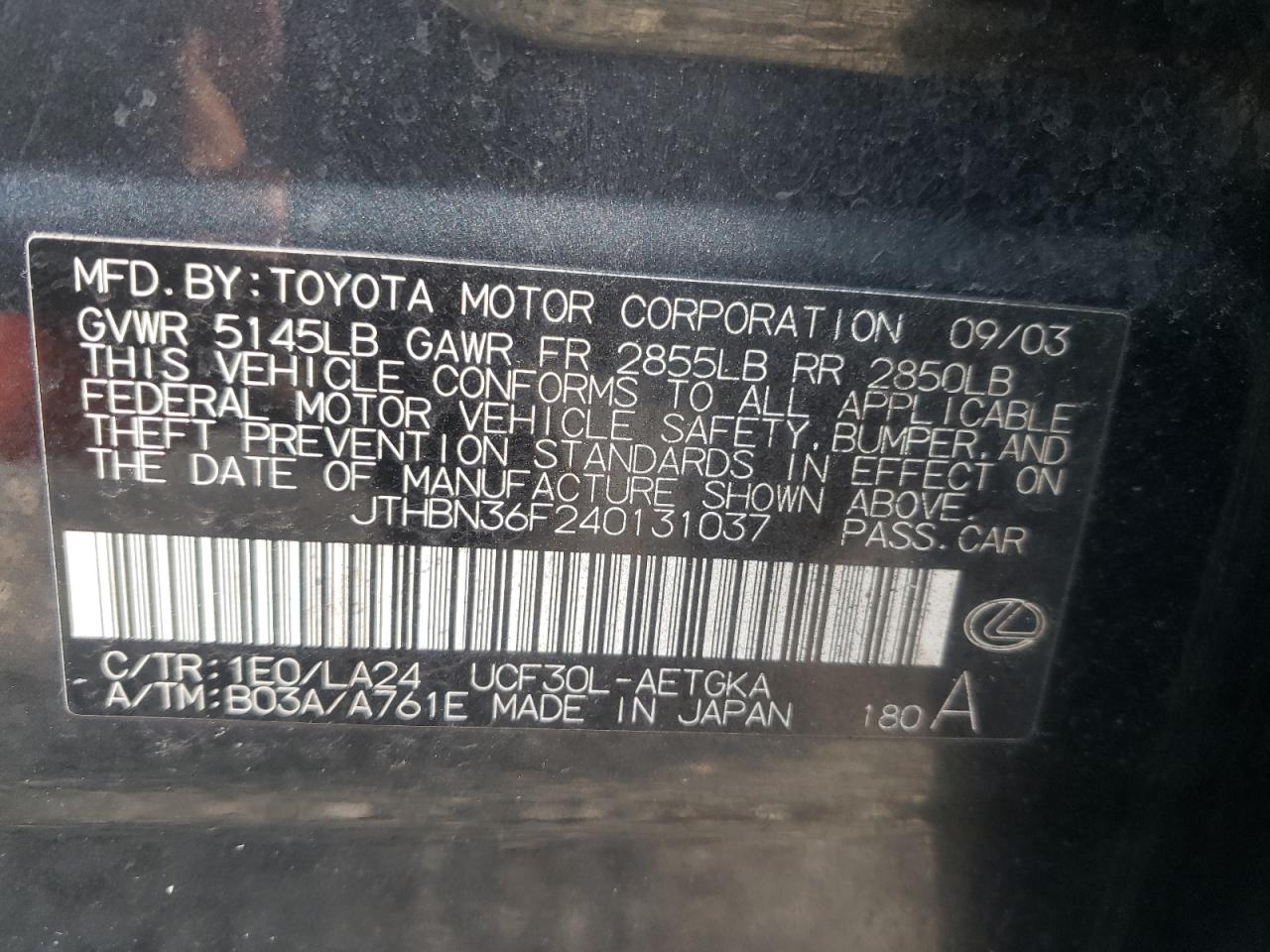 Photo 10 from auction – 2004 LEXUS LS 430 with VIN JTHBN36F240131037