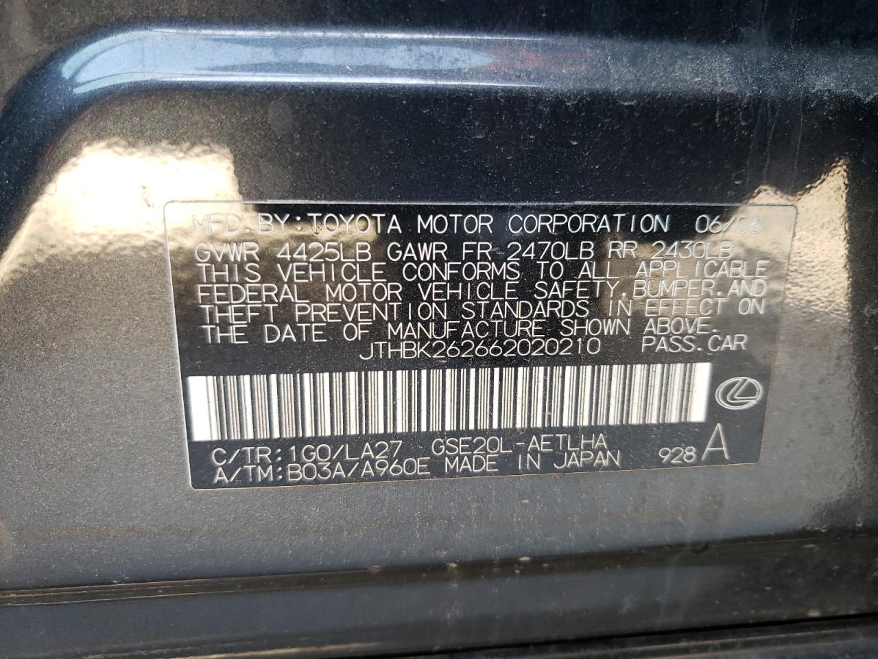Photo 10 from auction – 2006 LEXUS IS 250 with VIN JTHBK262662020210