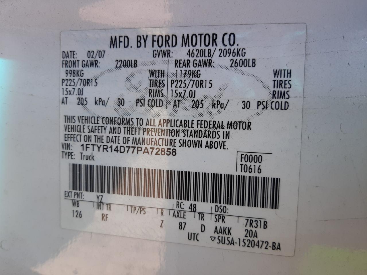 Photo 10 from auction – 2007 FORD RANGER SUP with VIN 1FTYR14D77PA72858