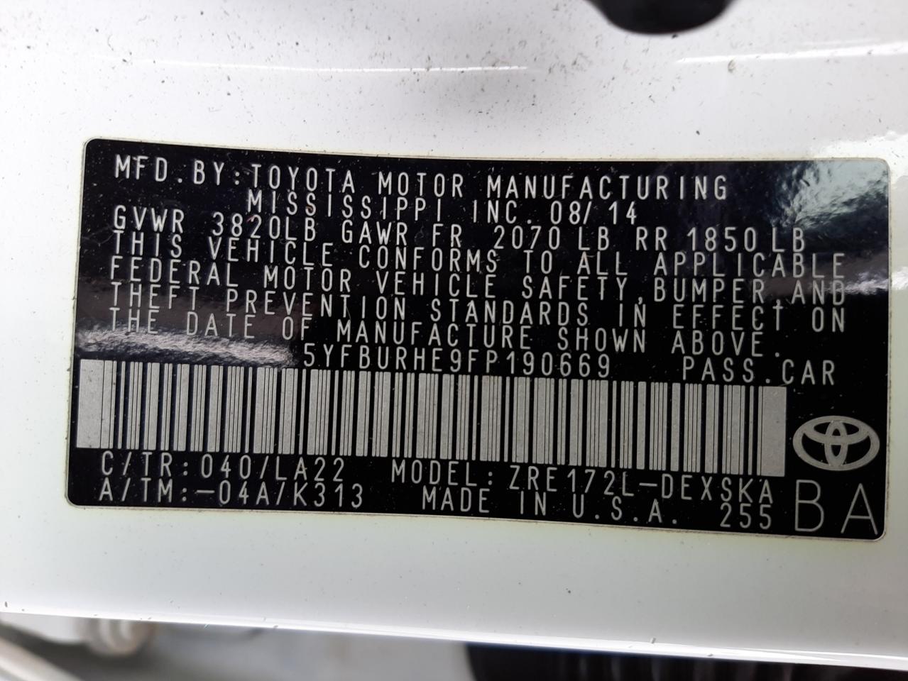 Photo 10 from auction – 2015 TOYOTA COROLLA L with VIN 5YFBURHE9FP190669