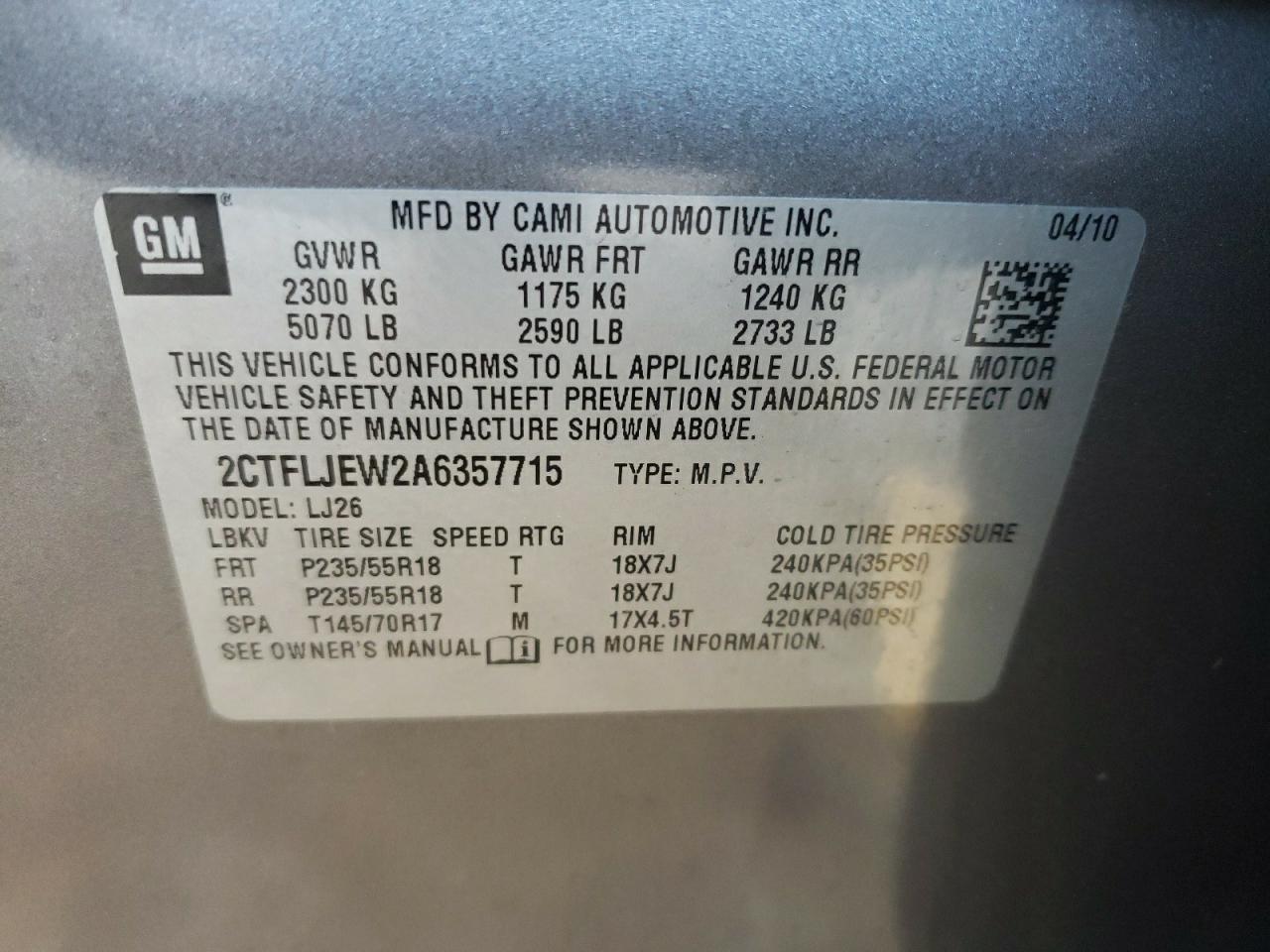 Photo 10 from auction – 2010 GMC TERRAIN SL with VIN 2CTFLJEW2A6357715