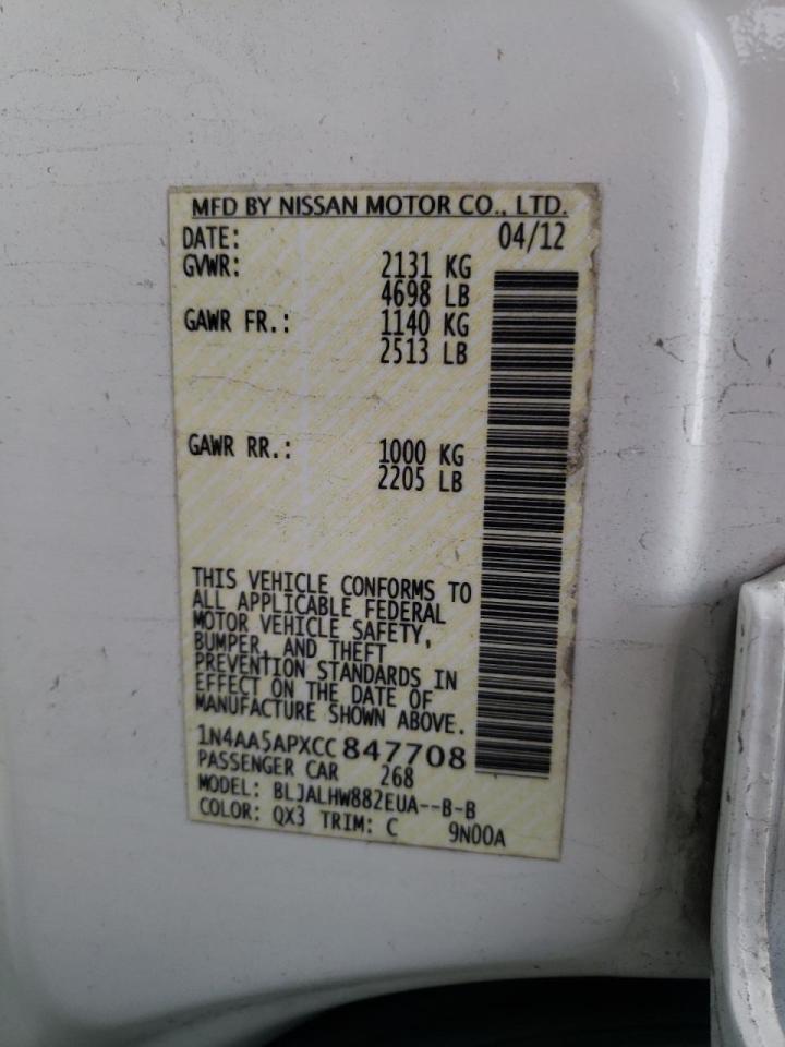 Photo 10 from auction – 2012 NISSAN MAXIMA S with VIN 1N4AA5APXCC847708