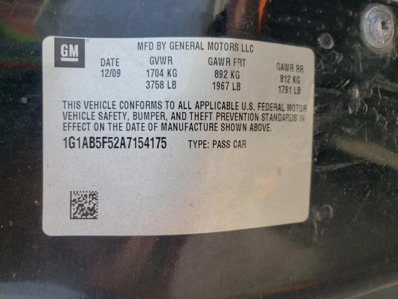 Photo 10 from auction – 2010 CHEVROLET COBALT LS with VIN 1G1AB5F52A7154175