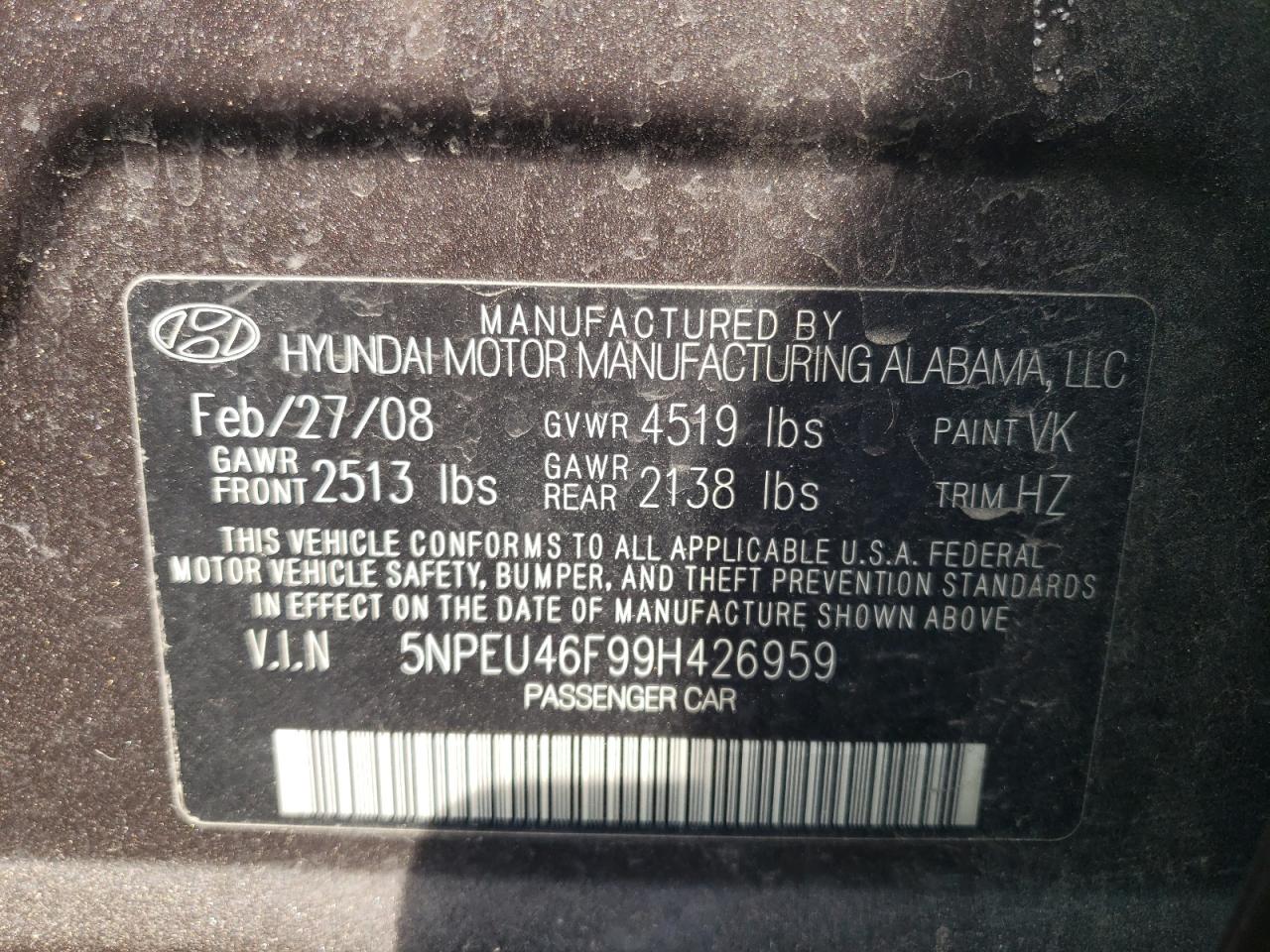 Photo 10 from auction – 2009 HYUNDAI SONATA SE with VIN 5NPEU46F99H426959
