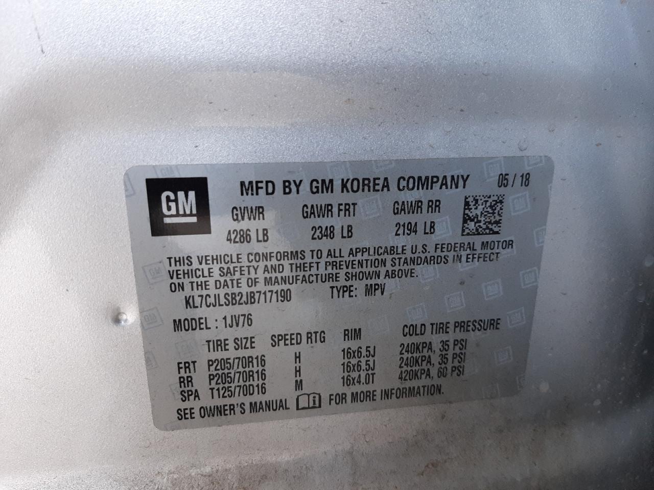 Photo 10 from auction – 2018 CHEVROLET TRAX 1LT with VIN KL7CJLSB2JB717190
