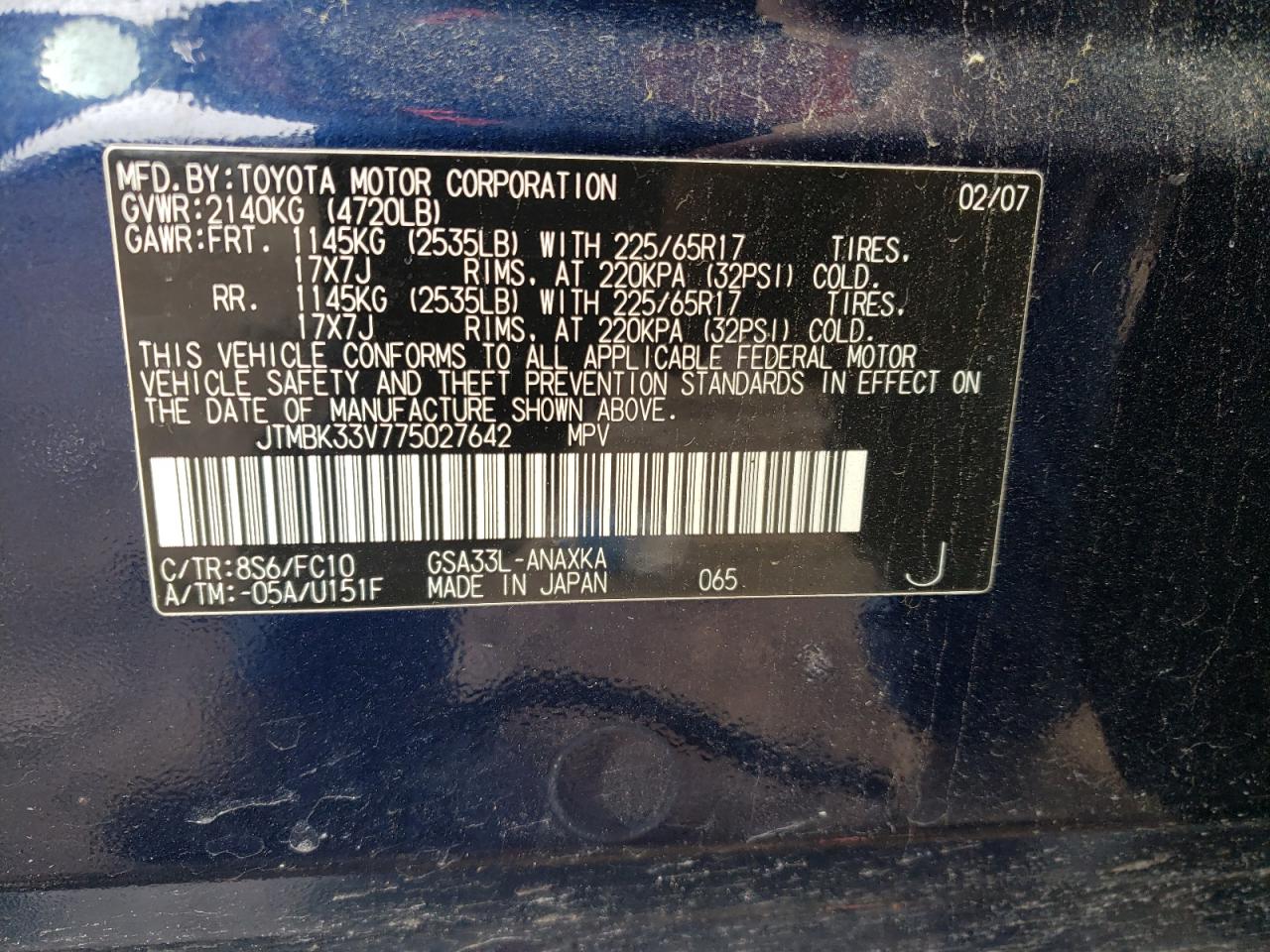 Photo 10 from auction – 2007 TOYOTA RAV4 with VIN JTMBK33V775027642