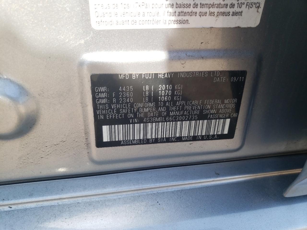 Photo 10 from auction – 2012 SUBARU LEGACY 2.5 with VIN 4S3BMBL66C3002735
