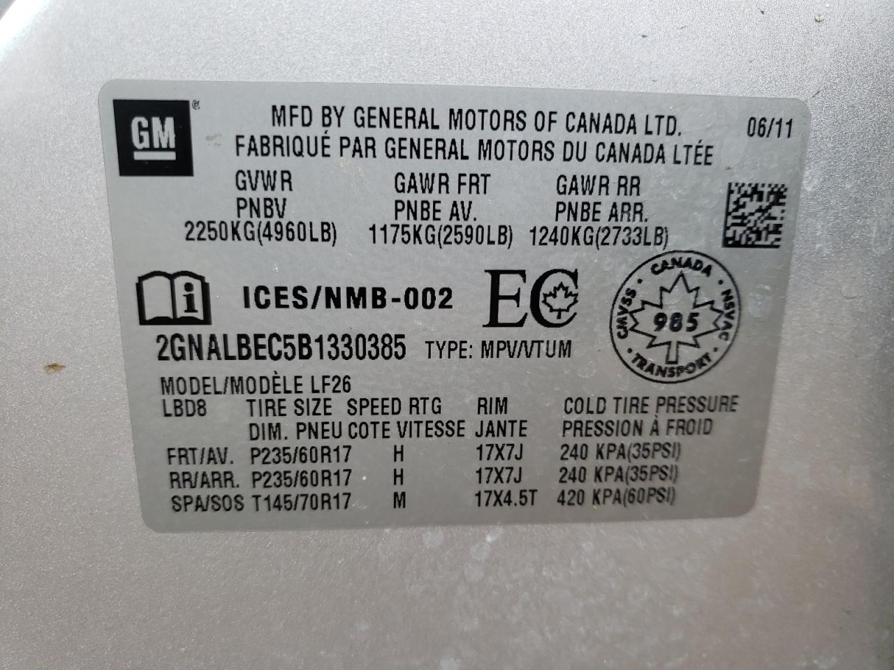 Photo 10 from auction – 2011 CHEVROLET EQUINOX with VIN 2GNALBEC5B1330385
