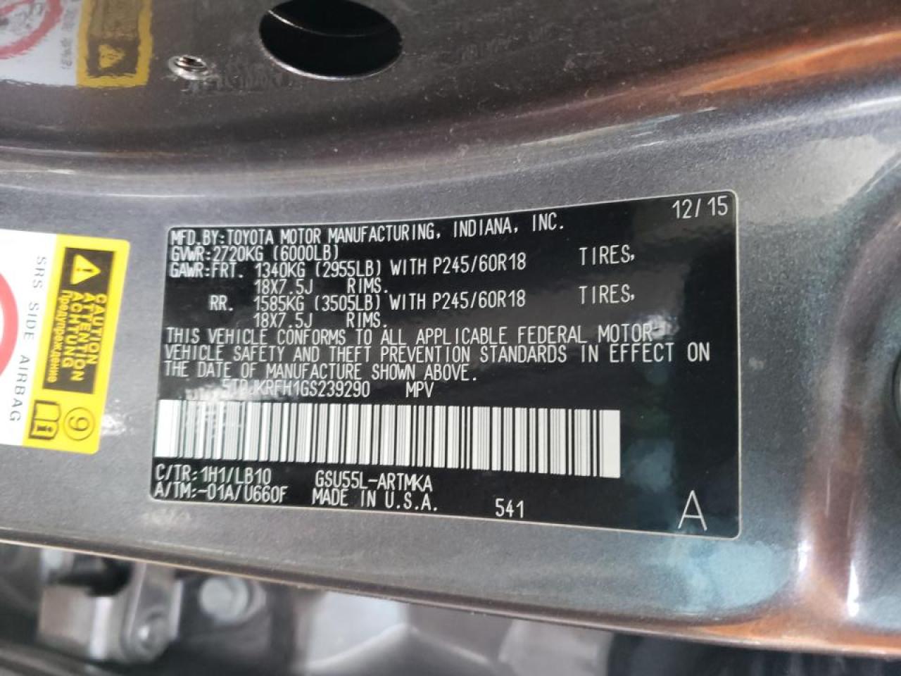 Photo 10 from auction – 2016 TOYOTA HIGHLANDER with VIN 5TDJKRFH1GS239290