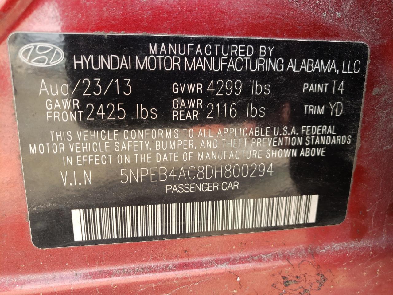 Photo 10 from auction – 2013 HYUNDAI SONATA GLS with VIN 5NPEB4AC8DH800294