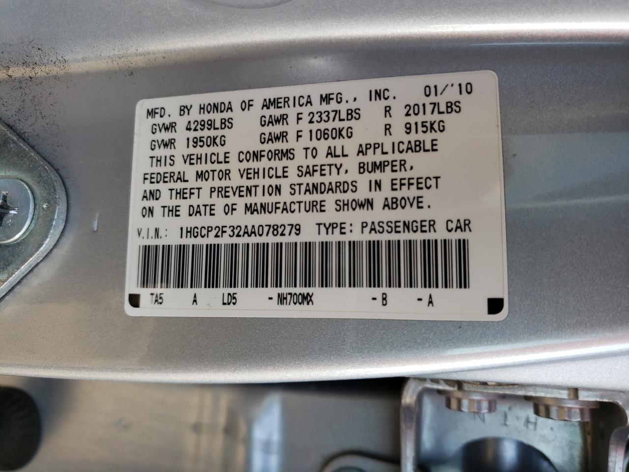 Photo 10 from auction – 2010 HONDA ACCORD LX with VIN 1HGCP2F32AA078279