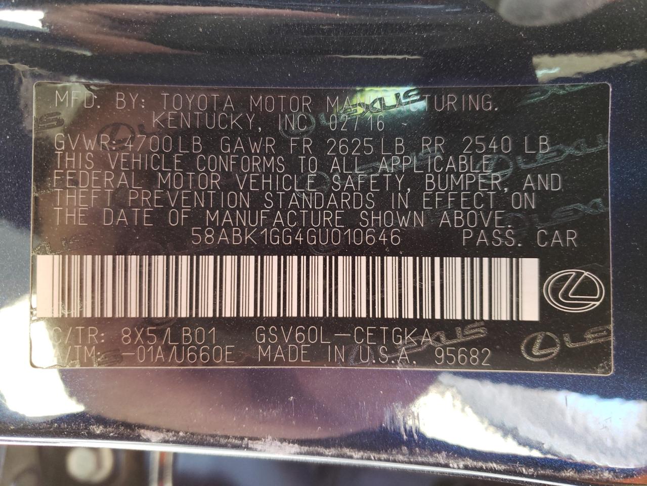 Photo 10 from auction – 2016 LEXUS ES 350 with VIN 58ABK1GG4GU010646