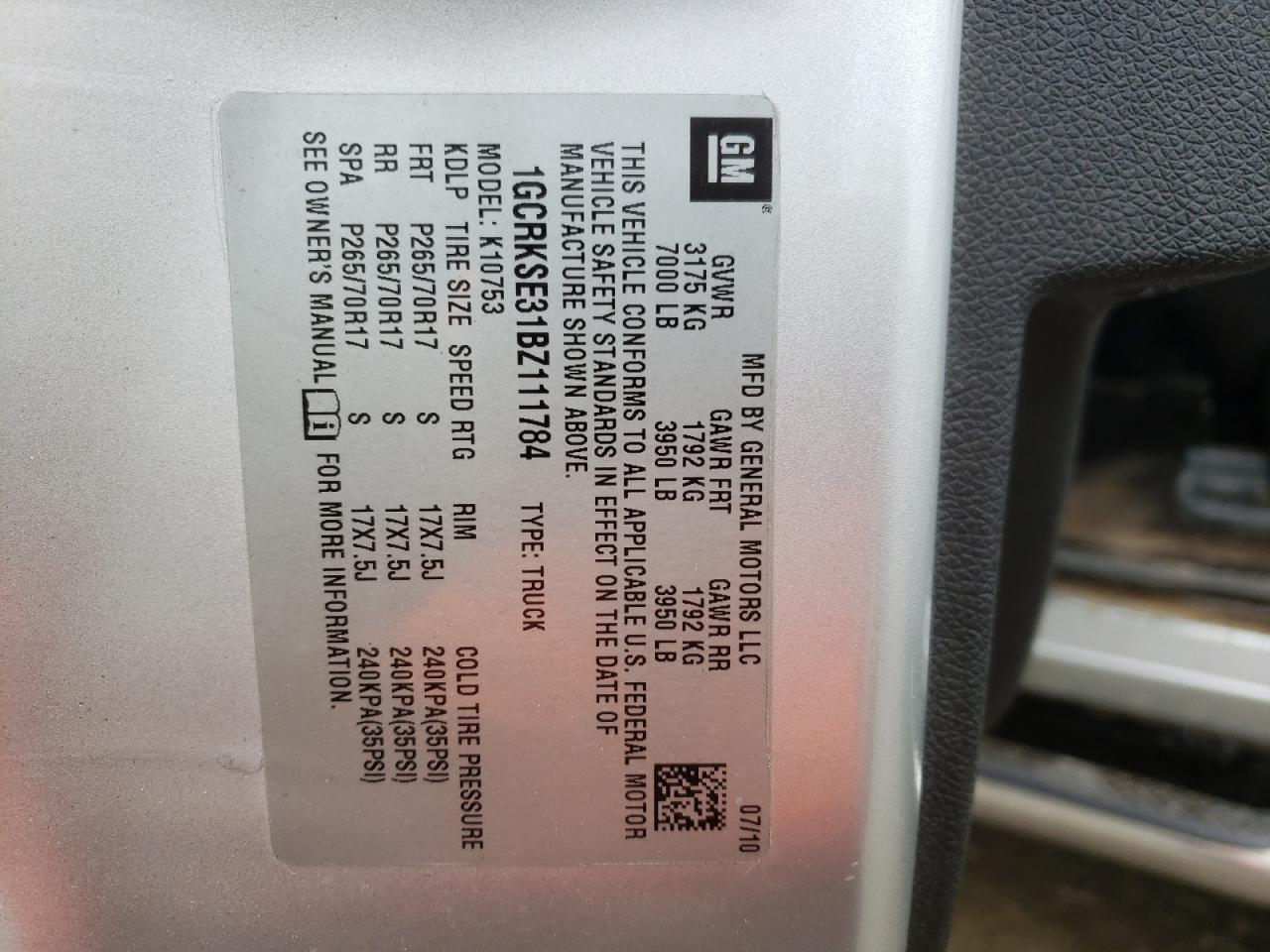 Photo 10 from auction – 2011 CHEVROLET SILVERADO with VIN 1GCRKSE31BZ111784